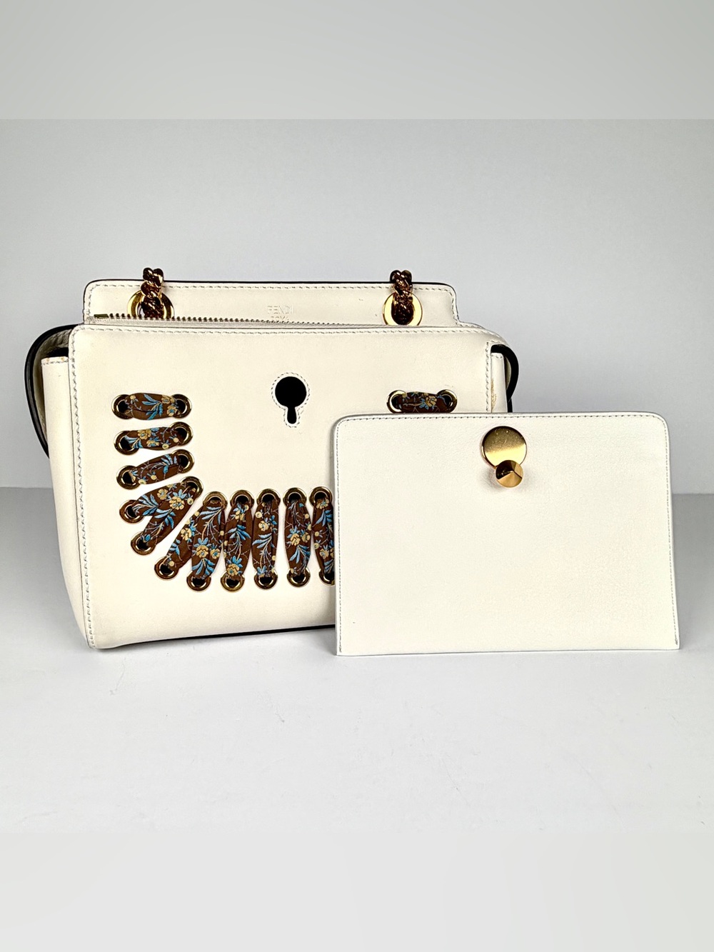 Fendi White Leather & Lace DotCom Chain Shoulder Bag Excellent Full Inclusion - Picture 10 of 15
